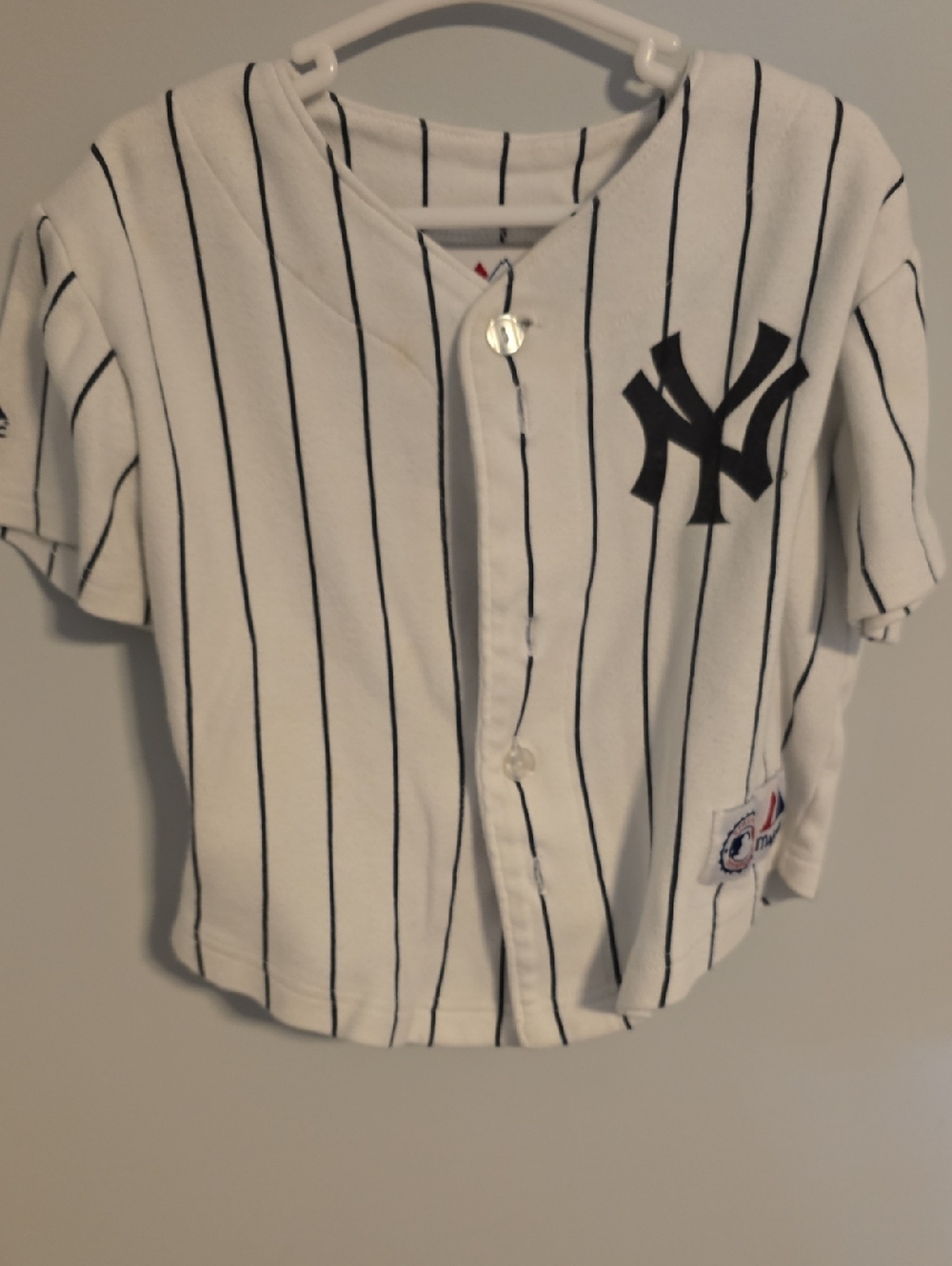 Majestic White Pinstripe Kids Button-Front Jersey - Navy Logo